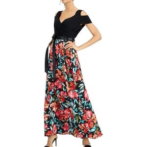 SLNY Black Plus-Size Floral Surplice Cold-shoulder Maxi V-neck Dress